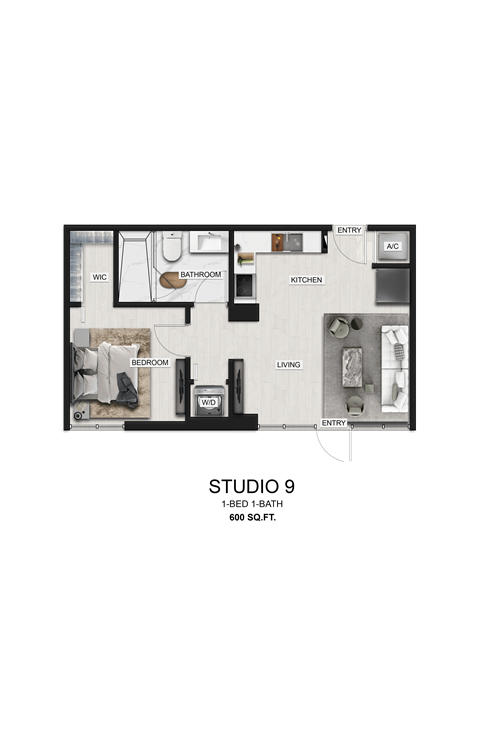 Floor plan for studio, 1 bath, 600 sqft